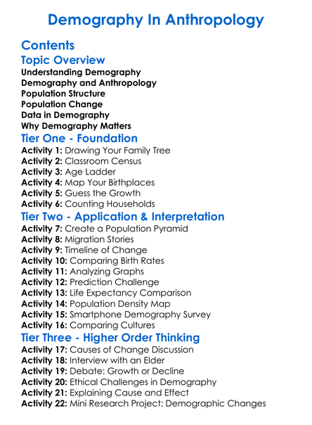 Demography In Anthropology Worksheet Activity Booklet