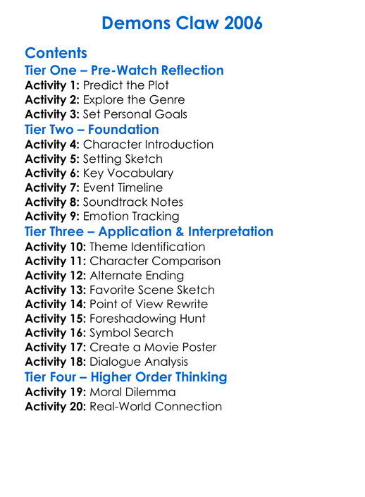 Demons Claw 2006 Worksheet Activity Booklet