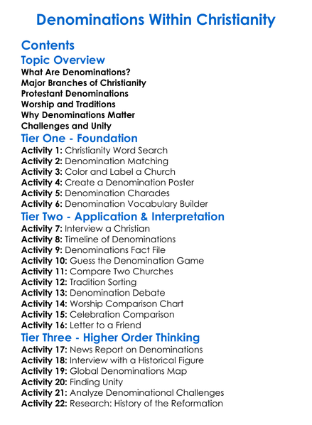 Denominations Within Christianity Worksheet Activity Booklet