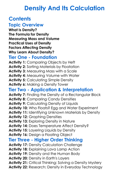 Density And Its Calculation Worksheet Activity Booklet