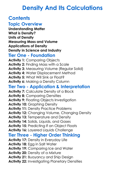 Density And Its Calculations Worksheet Activity Booklet