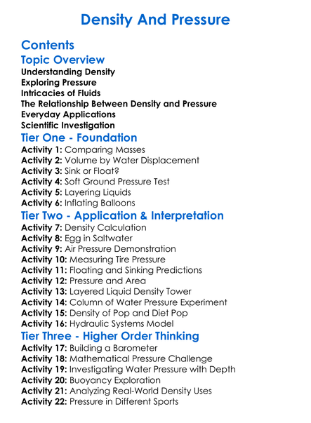 Density And Pressure Worksheet Activity Booklet
