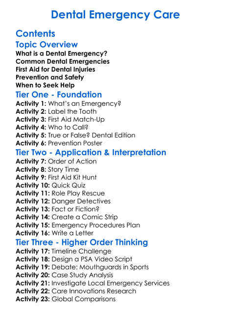 Dental Emergency Care Worksheet Activity Booklet