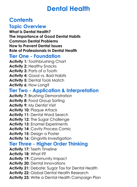 Dental Health Worksheet Activity Booklet