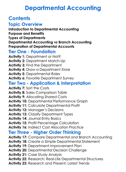 Departmental Accounting Worksheet Activity Booklet