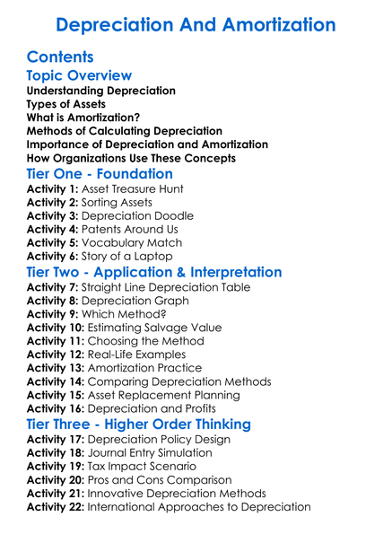 Depreciation And Amortization Worksheet Activity Booklet