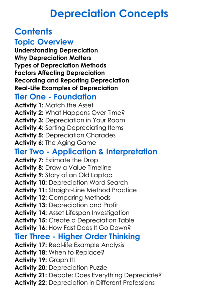 Depreciation Concepts Worksheet Activity Booklet