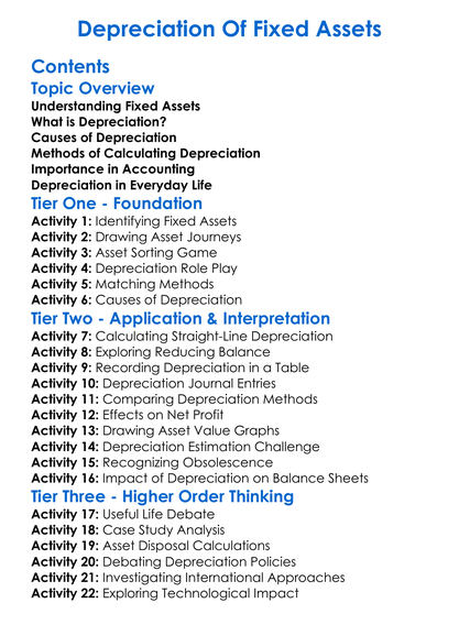 Depreciation Of Fixed Assets Worksheet Activity Booklet