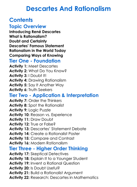 Descartes And Rationalism Worksheet Activity Booklet
