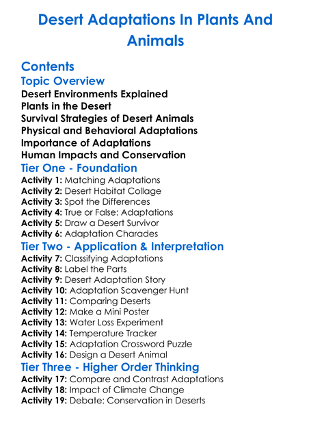 Desert Adaptations In Plants And Animals Worksheet Activity Booklet