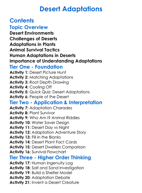 Desert Adaptations Worksheet Activity Booklet