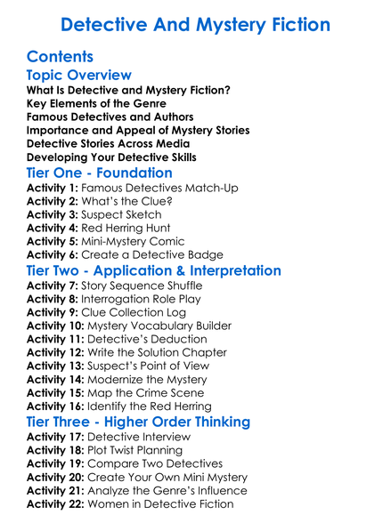 Detective And Mystery Fiction Worksheet Activity Booklet