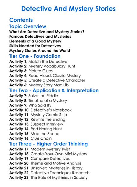 Detective And Mystery Stories Worksheet Activity Booklet
