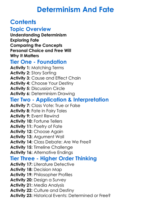 Determinism And Fate Worksheet Activity Booklet