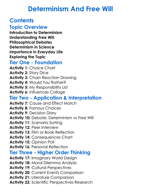 Determinism And Free Will Worksheet Activity Booklet