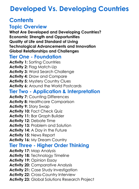 Developed Vs Developing Countries Worksheet Activity Booklet