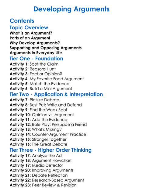 Developing Arguments Worksheet Activity Booklet