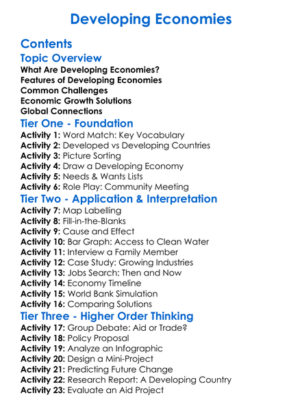 Developing Economies Worksheet Activity Booklet