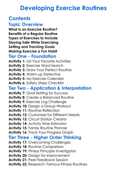 Developing Exercise Routines Worksheet Activity Booklet