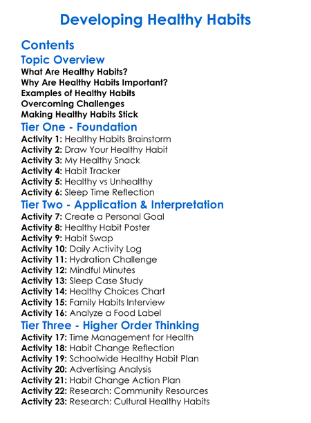 Developing Healthy Habits Worksheet Activity Booklet