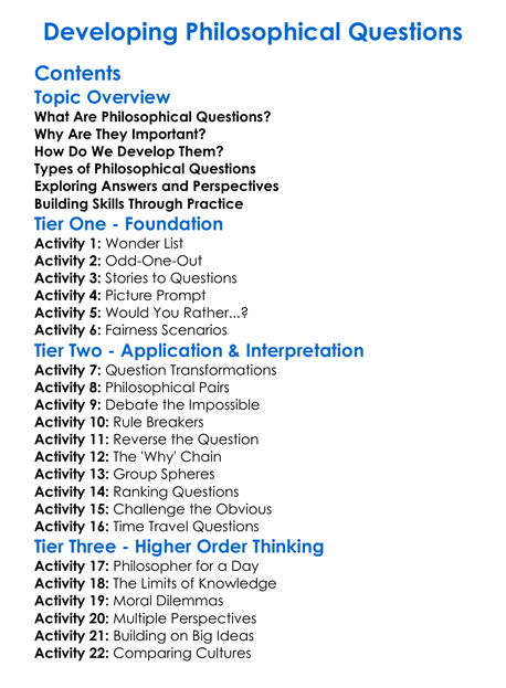 Developing Philosophical Questions Worksheet Activity Booklet