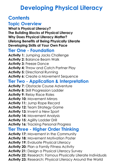 Developing Physical Literacy Worksheet Activity Booklet