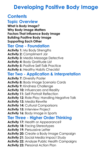 Developing Positive Body Image Worksheet Activity Booklet