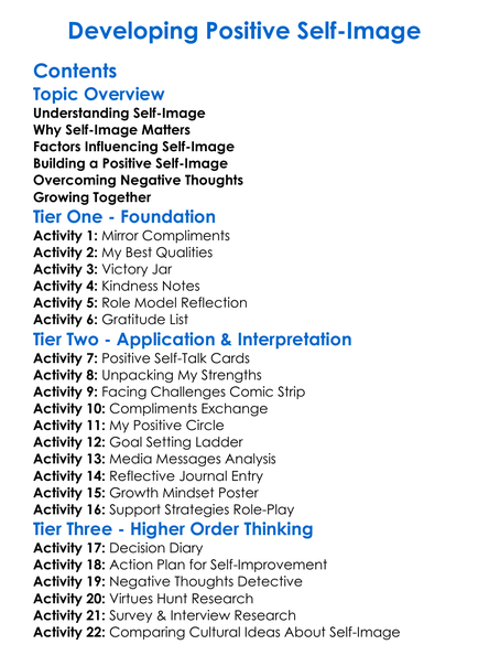 Developing Positive Self-Image Worksheet Activity Booklet