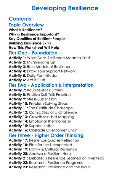 Developing Resilience Worksheet Activity Booklet