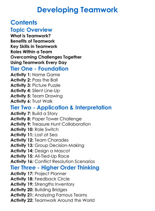 Developing Teamwork Worksheet Activity Booklet