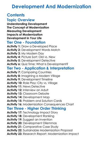 Development And Modernization Worksheet Activity Booklet