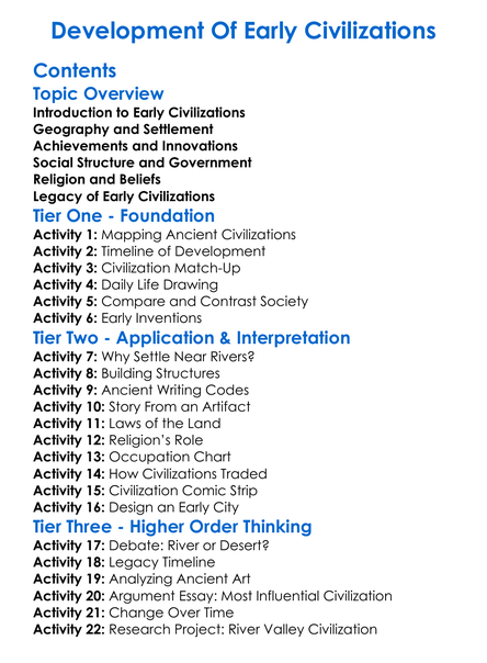 Development Of Early Civilizations Worksheet Activity Booklet