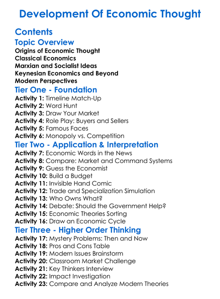 Development Of Economic Thought Worksheet Activity Booklet