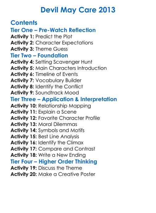 Devil May Care 2013 Worksheet Activity Booklet