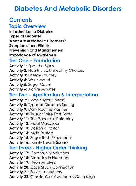 Diabetes And Metabolic Disorders Worksheet Activity Booklet