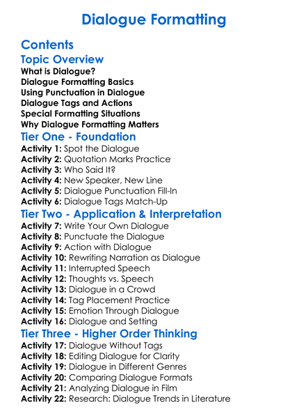 Dialogue Formatting Worksheet Activity Booklet
