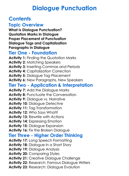 Dialogue Punctuation Worksheet Activity Booklet
