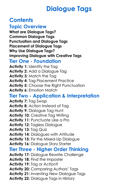 Dialogue Tags Worksheet Activity Booklet