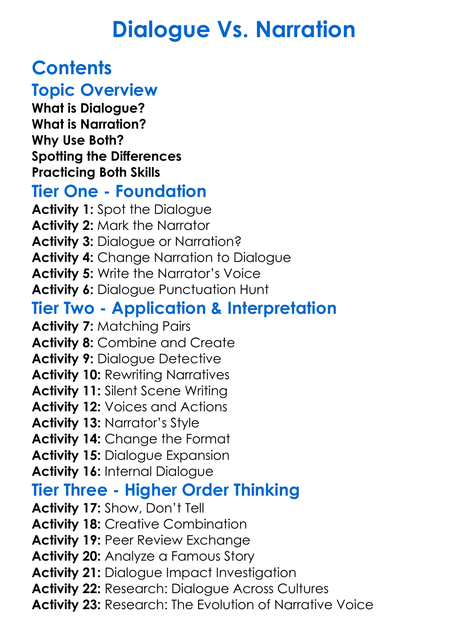 Dialogue Vs Narration Worksheet Activity Booklet