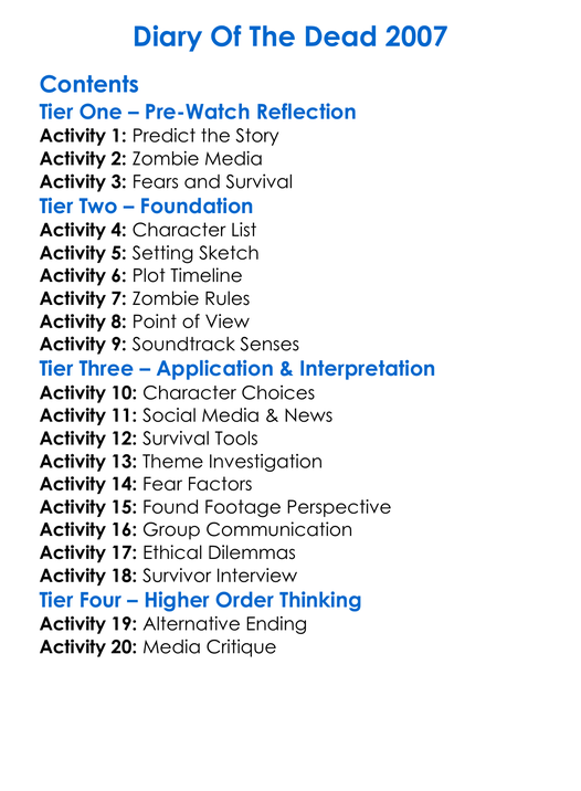 Diary Of The Dead 2007 Worksheet Activity Booklet