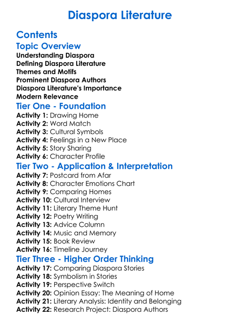 Diaspora Literature Worksheet Activity Booklet