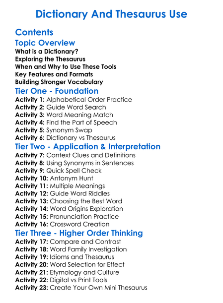 Dictionary And Thesaurus Use Worksheet Activity Booklet