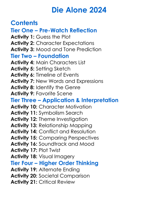 Die Alone 2024 Worksheet Activity Booklet
