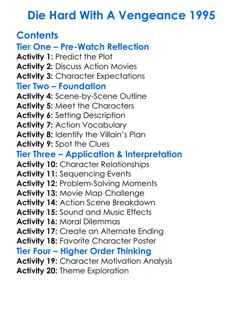 Die Hard With A Vengeance 1995 Worksheet Activity Booklet