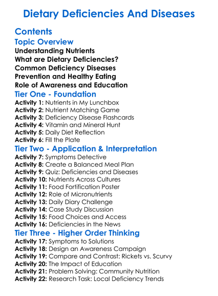 Dietary Deficiencies And Diseases Worksheet Activity Booklet