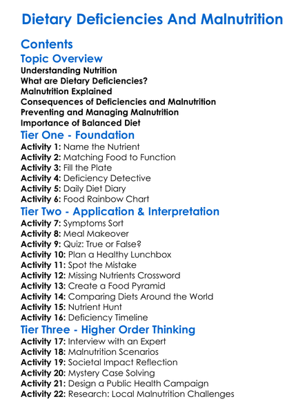 Dietary Deficiencies And Malnutrition Worksheet Activity Booklet