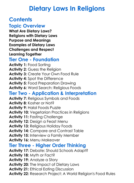 Dietary Laws In Religions Worksheet Activity Booklet