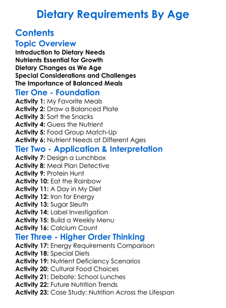 Dietary Requirements By Age Worksheet Activity Booklet