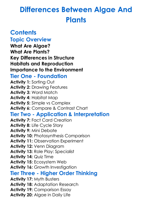 Differences Between Algae And Plants Worksheet Activity Booklet
