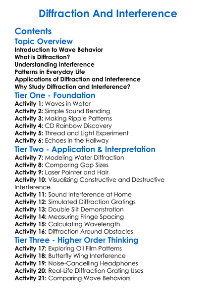 Diffraction And Interference Worksheet Activity Booklet